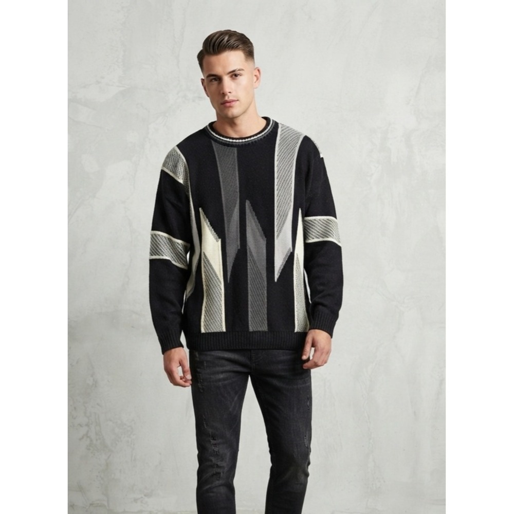 Protege‎ Vintage 90s Coogi Style Geometric Abstract Knit Sweater Black XL